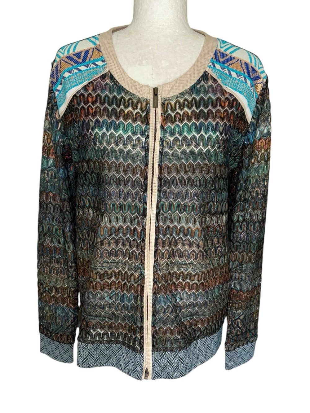 Custo Barcelona Embroidered Crochet Mesh Zip Front Jacket Cardigan - L